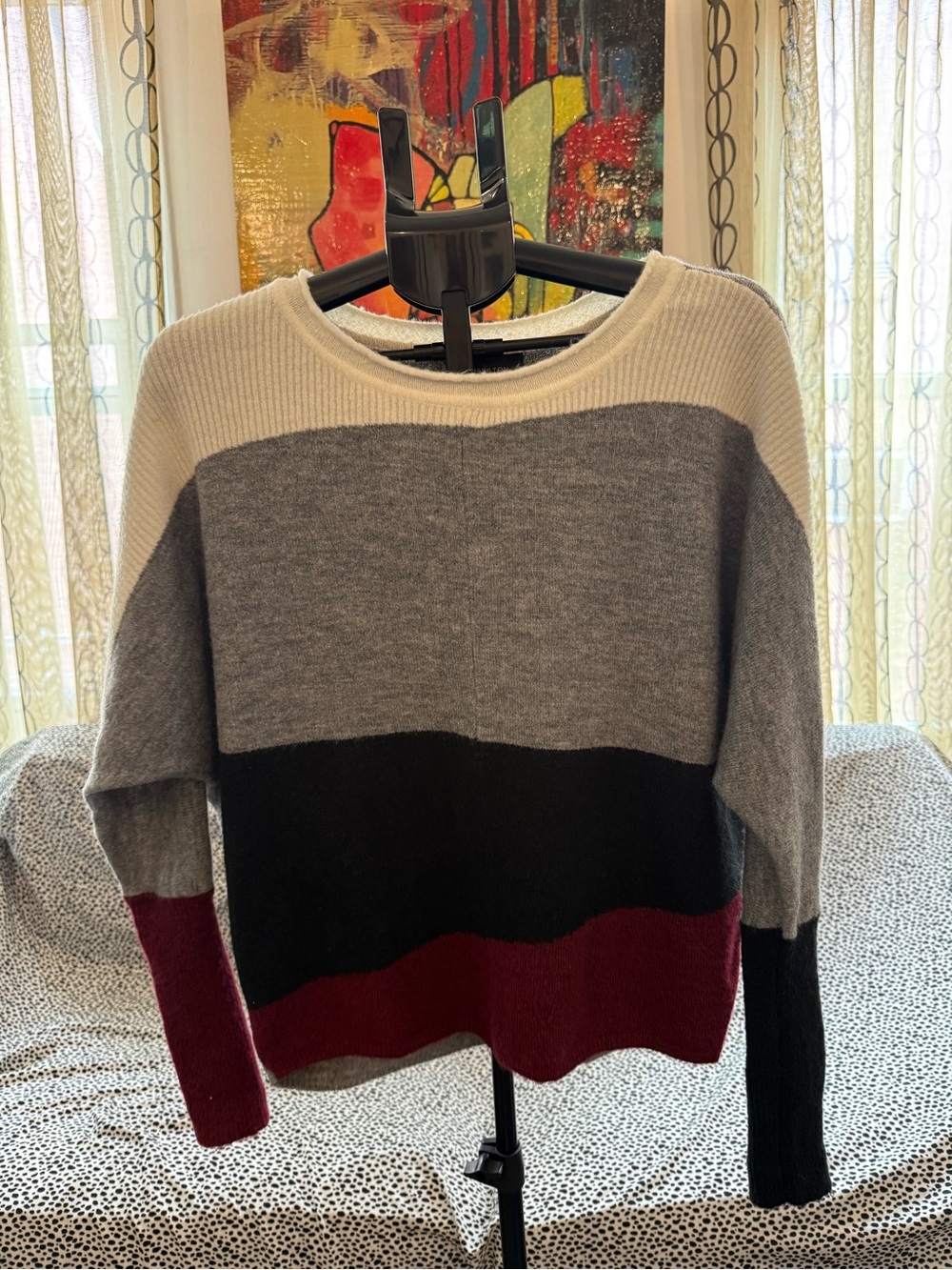 Halston Heritage Colorblock Crewneck Sweater in White, Gray, Black & Burgundy